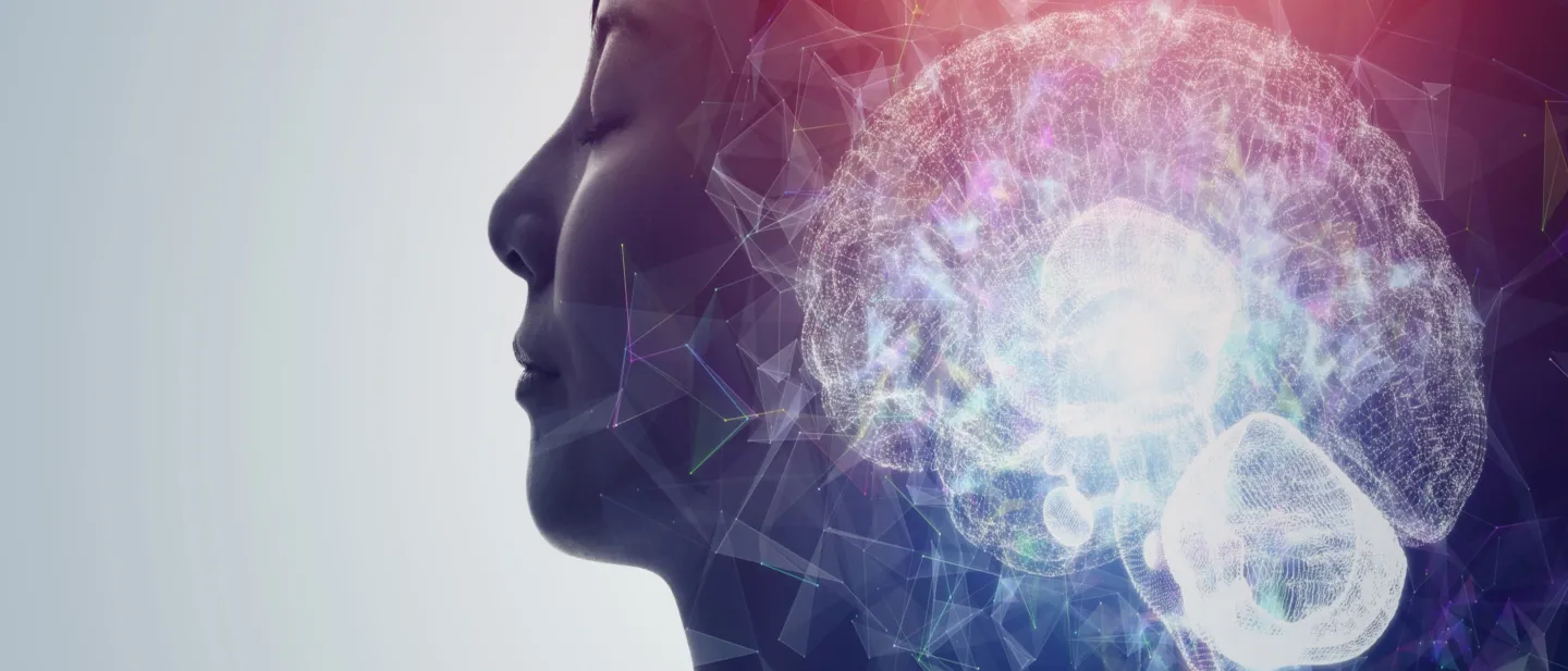 Woman in profile with a brain image