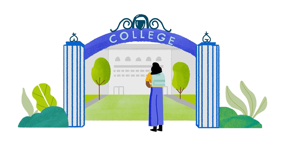 Animated graphic of Erica at college gate