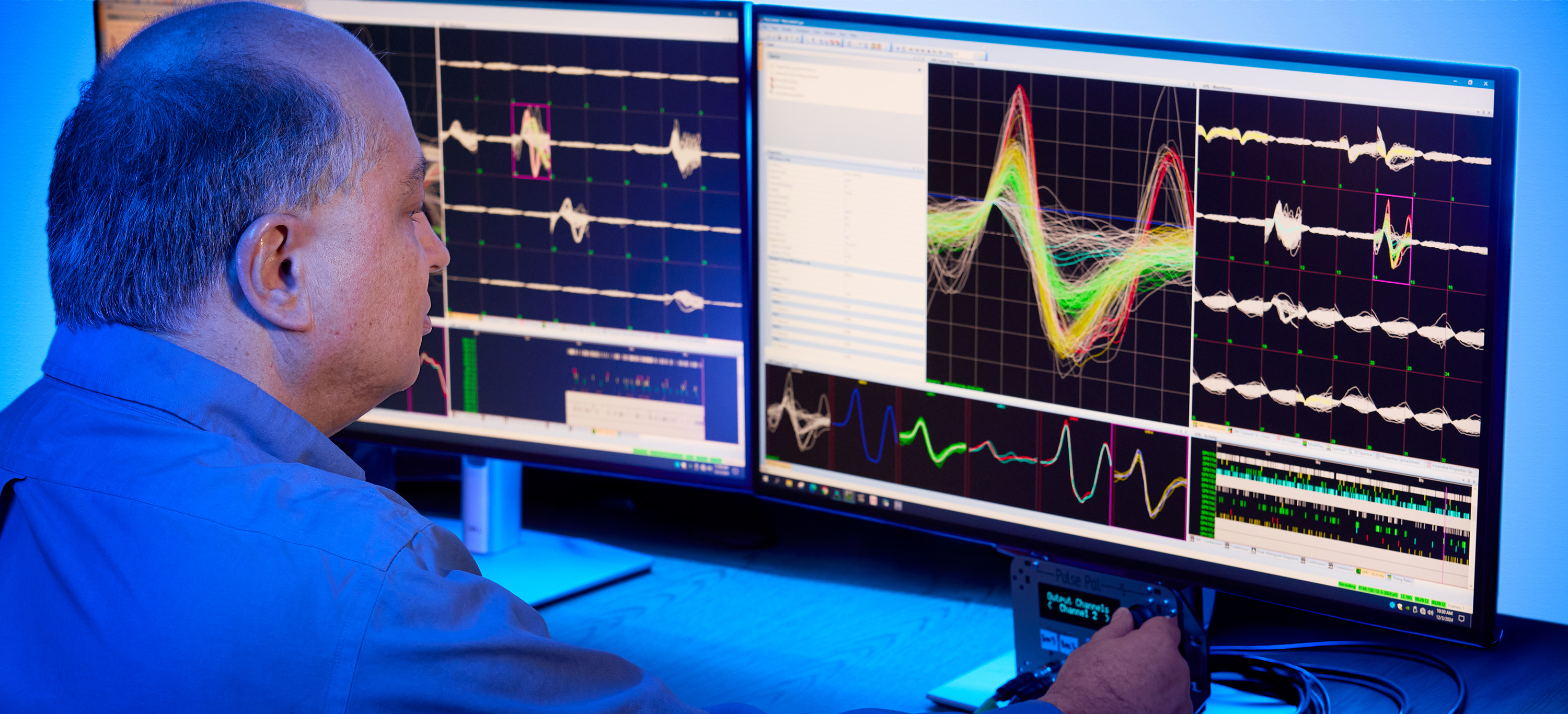 Scientist seated at a workstation examining neural waveform patterns on dual computer monitors in a blue-lit lab.