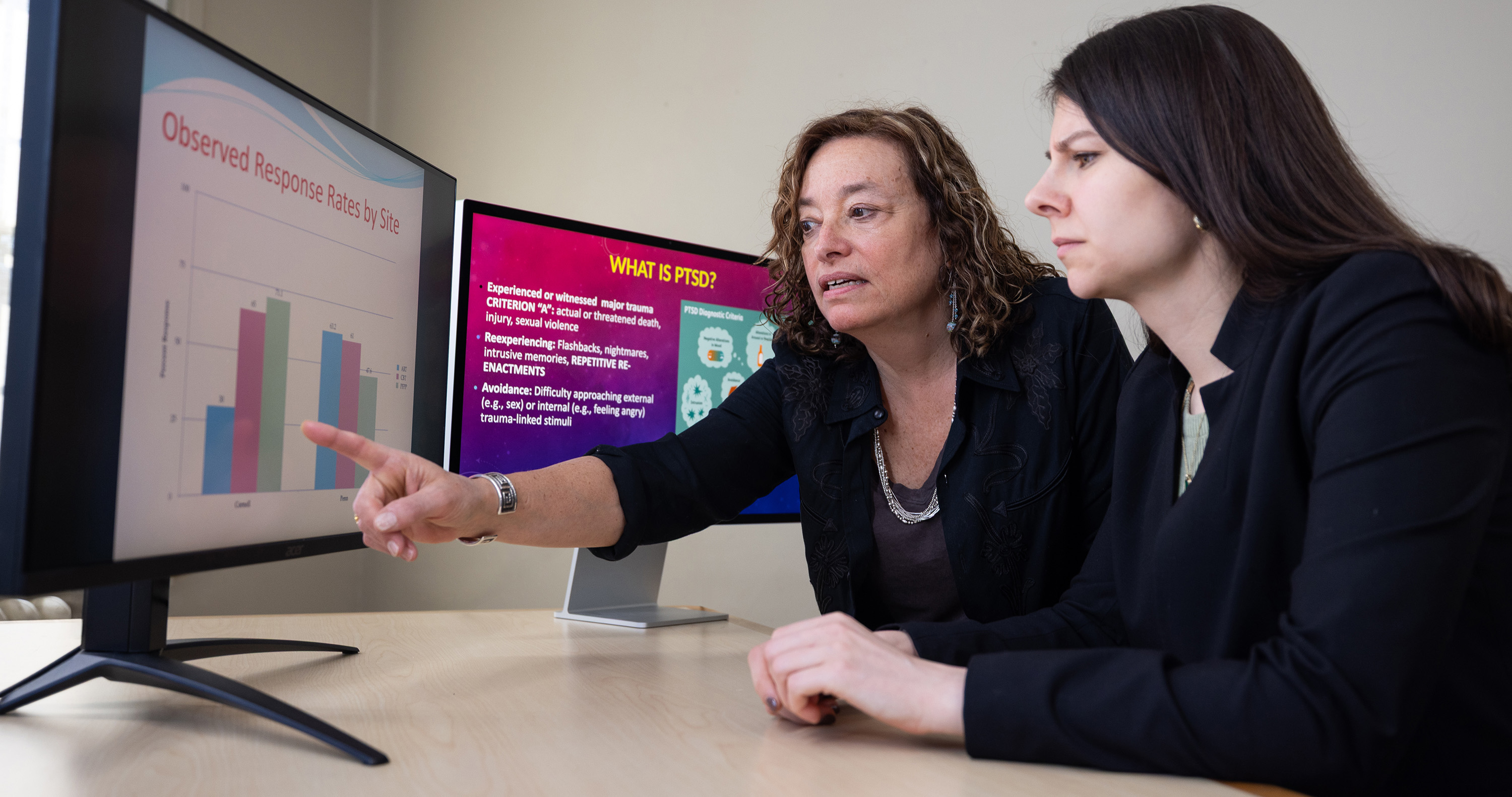Two women reviewing PTSD research data on computer monitors in an office setting.