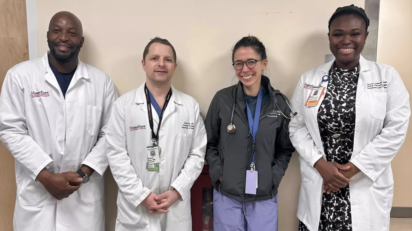 From left, Clayton Jarrett, NP, Transitional Care Excellence (TCE) team; Dr. Daniel Fein, site director, pulmonary medicine and critical care, Montefiore Wakefield; pulmonologist Dr. Sarah Sungurlu; and TCE member Dorcas Adjaloko, PharmD.
