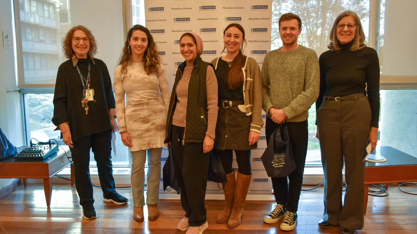 Victoria Freedman, Ph.D. (far left) and Anne Bresnick, Ph.D. (far right) with four winners of the #ScienceStrong poster contest, from left to right: Leah Kravets, Dina Mofed, Ph.D., Anna Adam-Artigues, Ph.D., and Kevin O’Leary