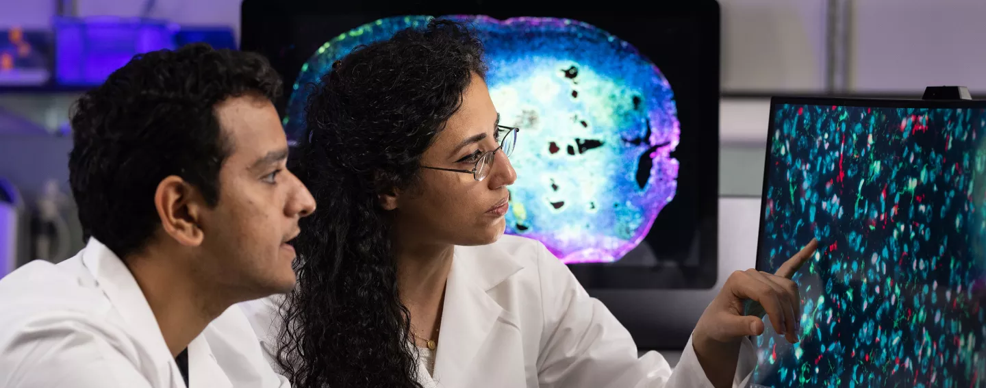 Two researchers in lab looking at a computer monitor