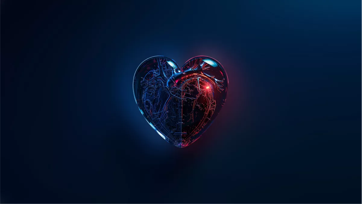A rendered heart-shaped crystal done in dark navy and deep red tones.