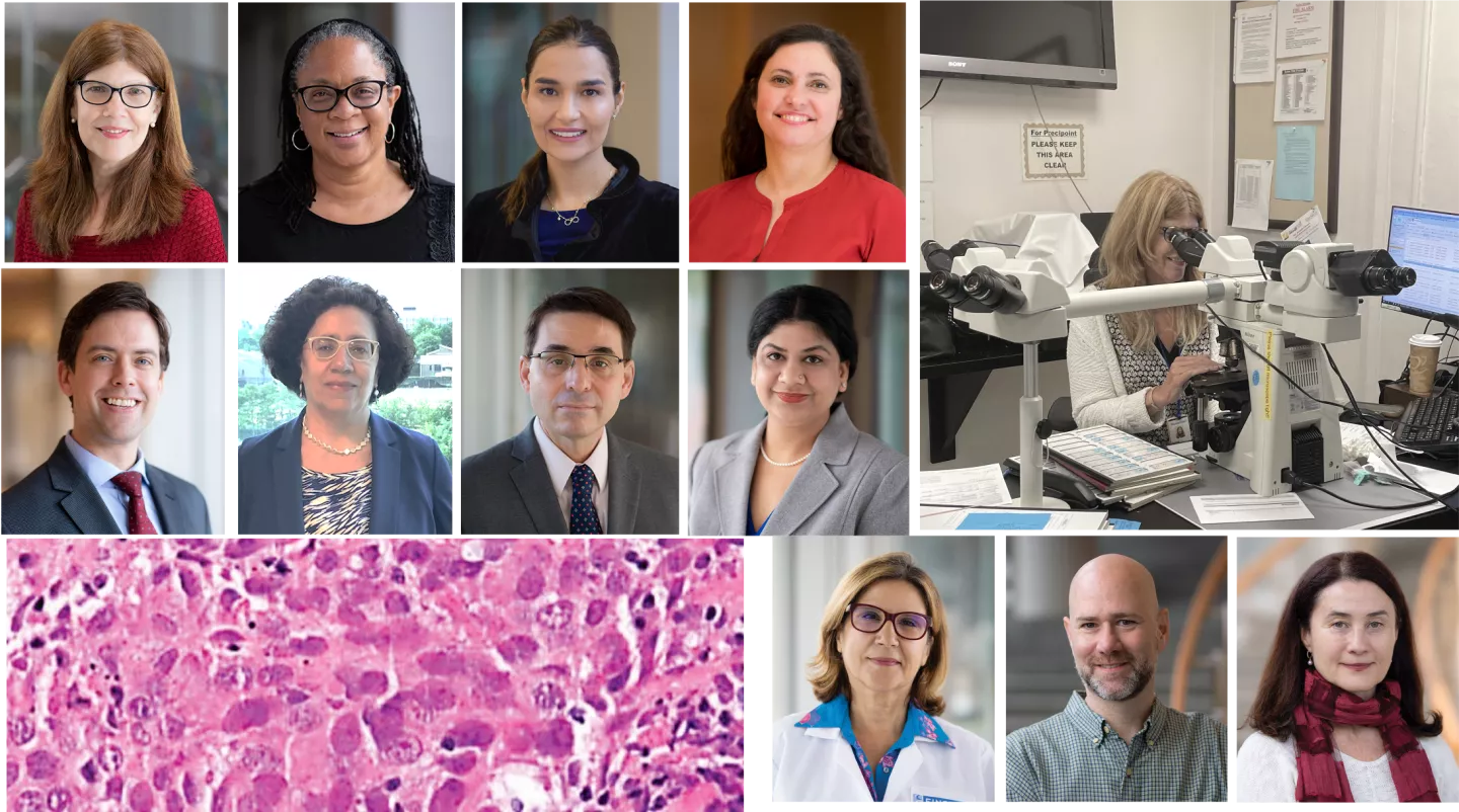Clockwise from top left: Montefiore Einstein Breast Pathology Service members: Drs. Susan Fineberg, Kathleen Whitney, Berrin Ustun, Jennifer Oliver-Krasinski, Dr. Fineberg at her microscope, Sonali Lanjiwar, Javier Laurini, Rouzan Karabakhstian, Bryan Harmon.  Bottom row L:to R: Pathology biomedical researchers Rachel Hazan, PhD, David Entenberg, PhD, and Maja Oktay, MD, PhD, members of the Montefiore Einstein Comprehensive Cancer Center.