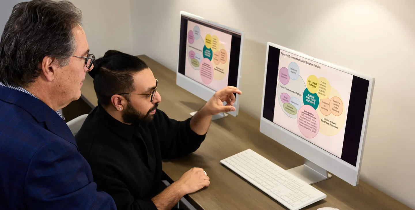 Two men reviewing autism-related diagram on a computer screen in an office.