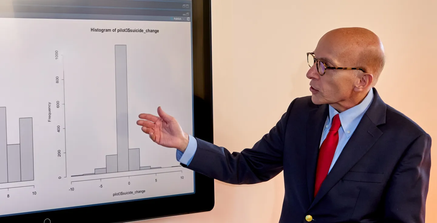 Man in suit gesturing toward bar graphs on a large screen during a data presentation.