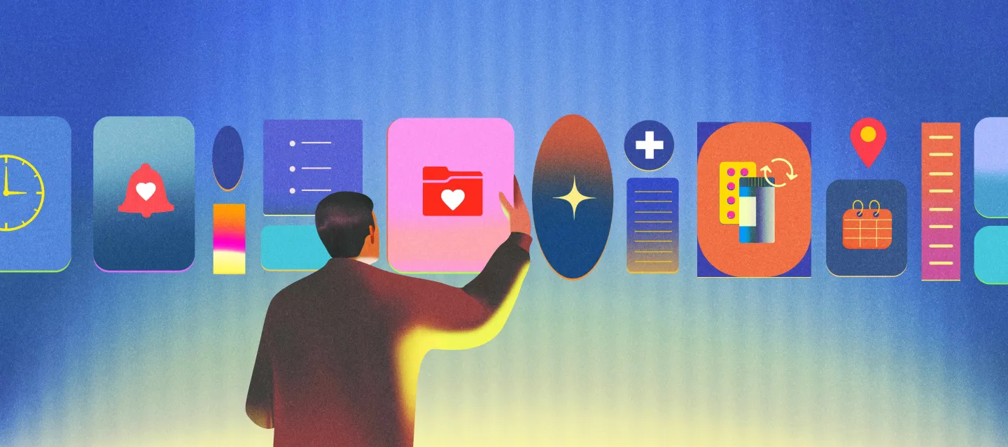 Illustración con un hombre que sostiene un expediente médico, y otros iconos