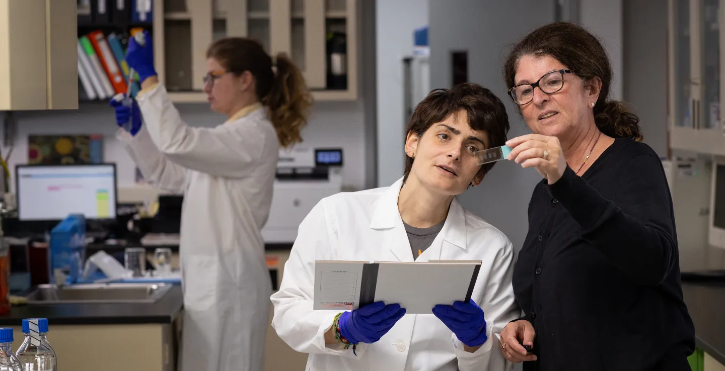 Two scientists in lab coats reviewing a slide while another scientist works with lab equipment in the background.