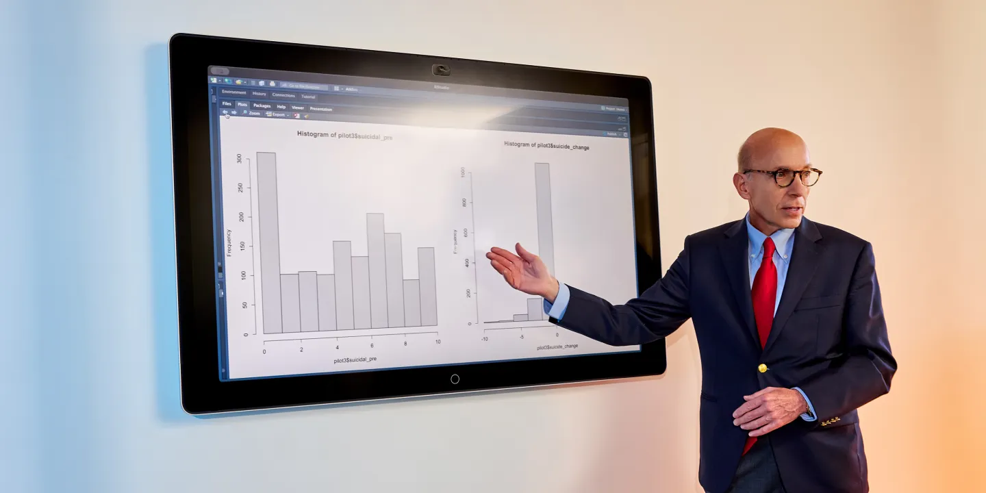 Man in suit and red tie presents histograms on a large screen during a data-driven lecture or meeting.