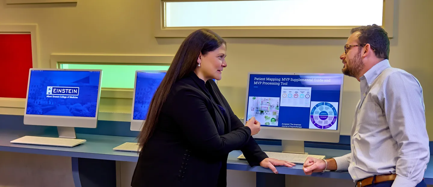 Two colleagues discussing a patient mapping tool displayed on a computer screen at Albert Einstein College of Medicine