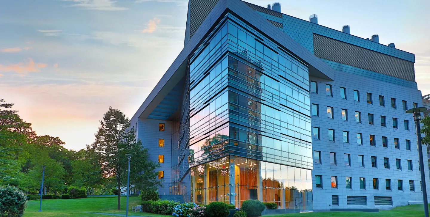 Modern glass building reflecting trees and sky during a colorful sunset.