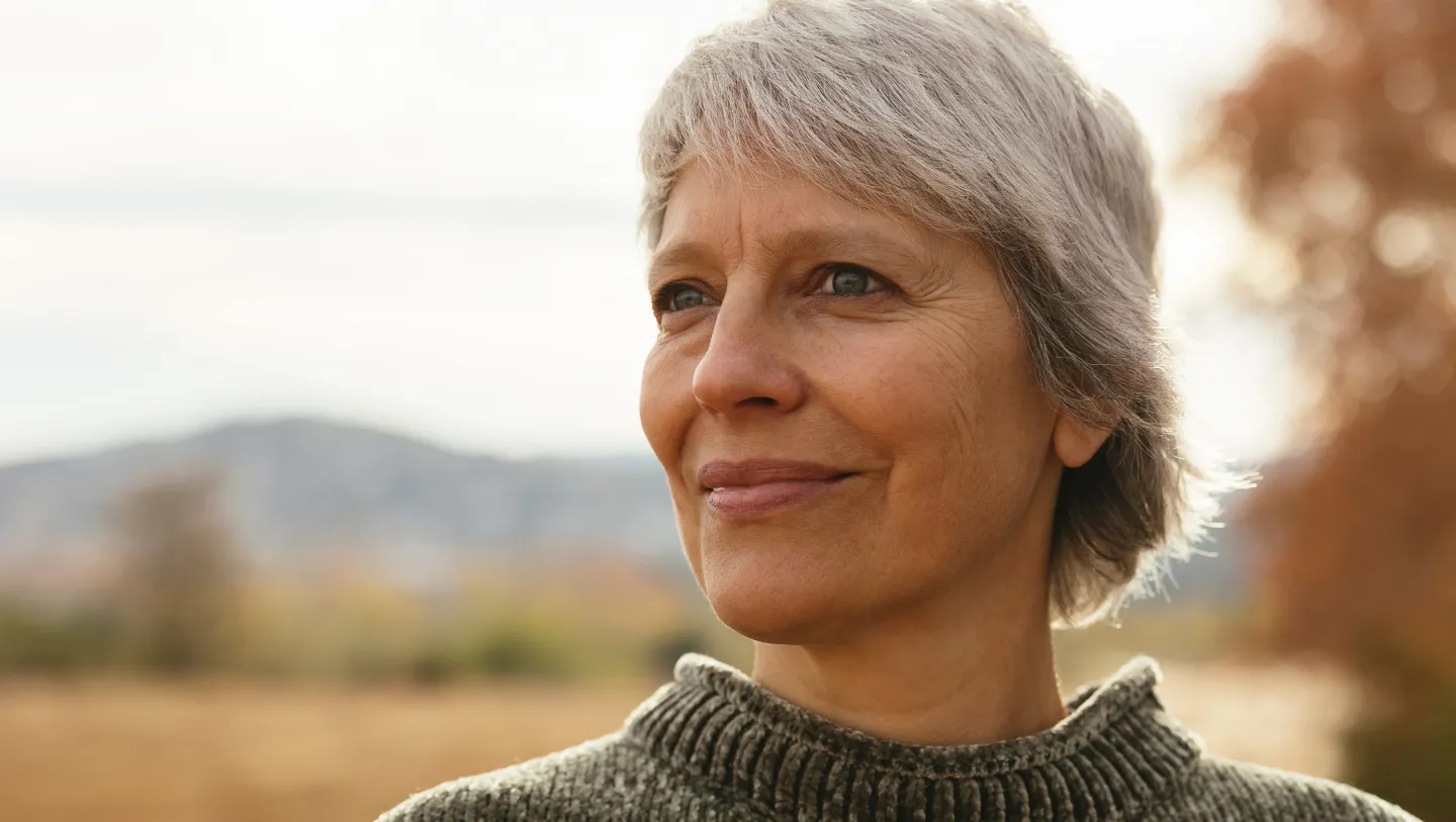Older woman with gray hair smiling and looking into the distance outdoors.