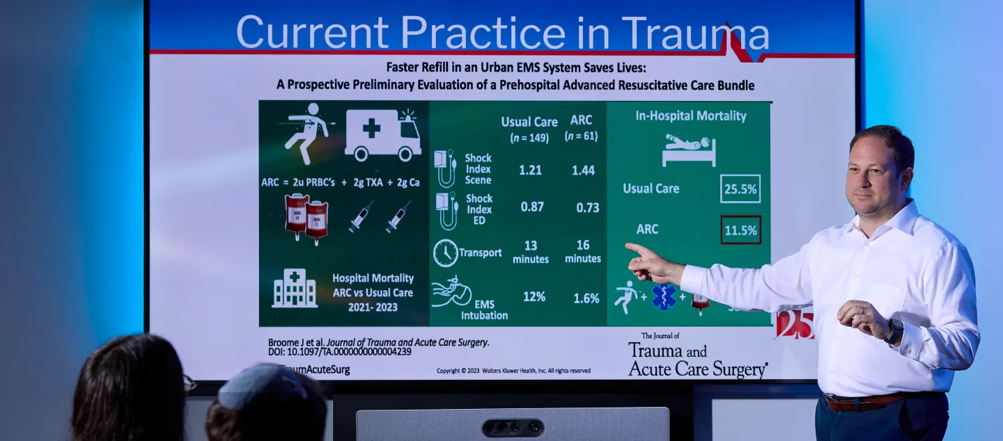 A faculty member at Montefiore Einstein presents trauma care data to fellows during a lecture, pointing to a chart comparing ARC and usual care outcomes on a screen.