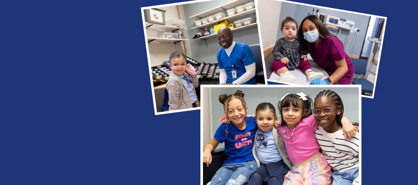 Three photos of children with their doctors