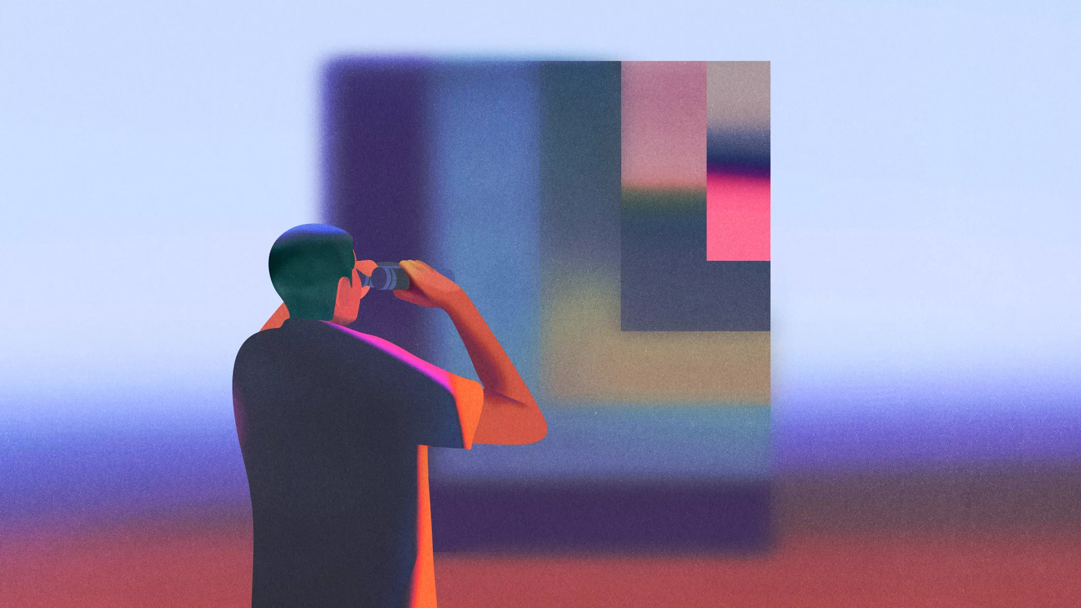 Illustration of person holding binoculars searching abstract window