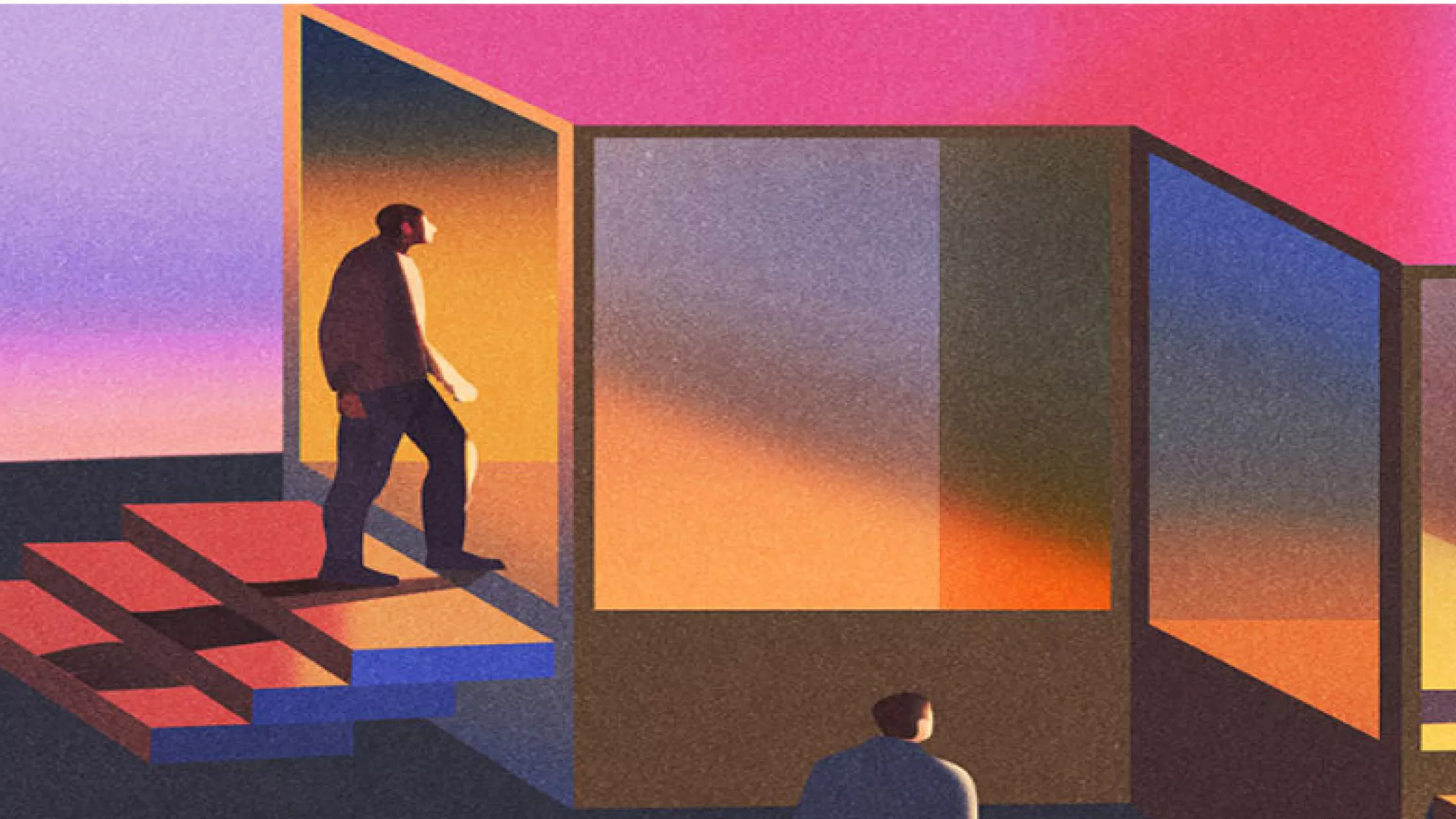 Illustration of a person entering a building