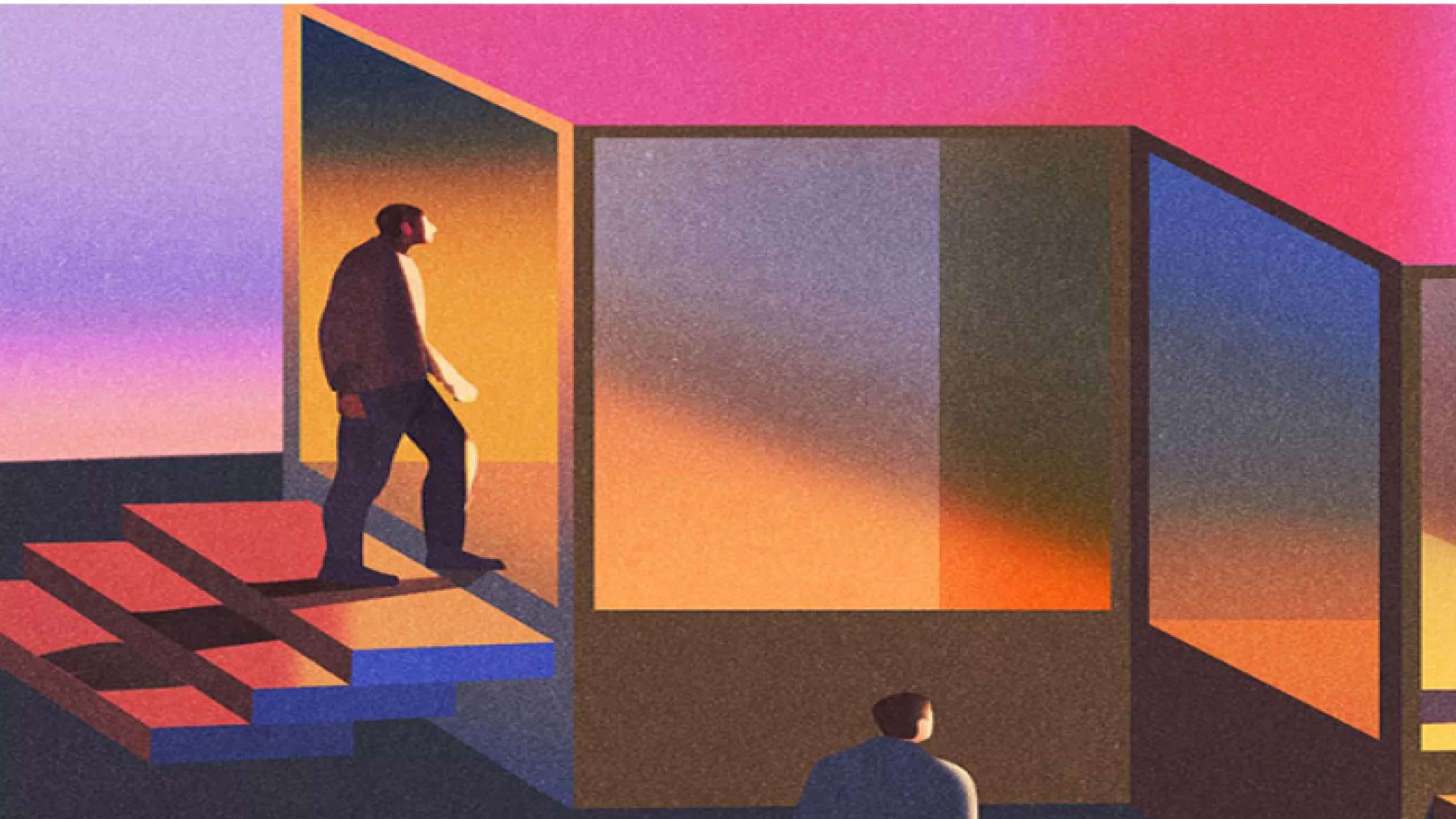 Illustration of a person entering a building