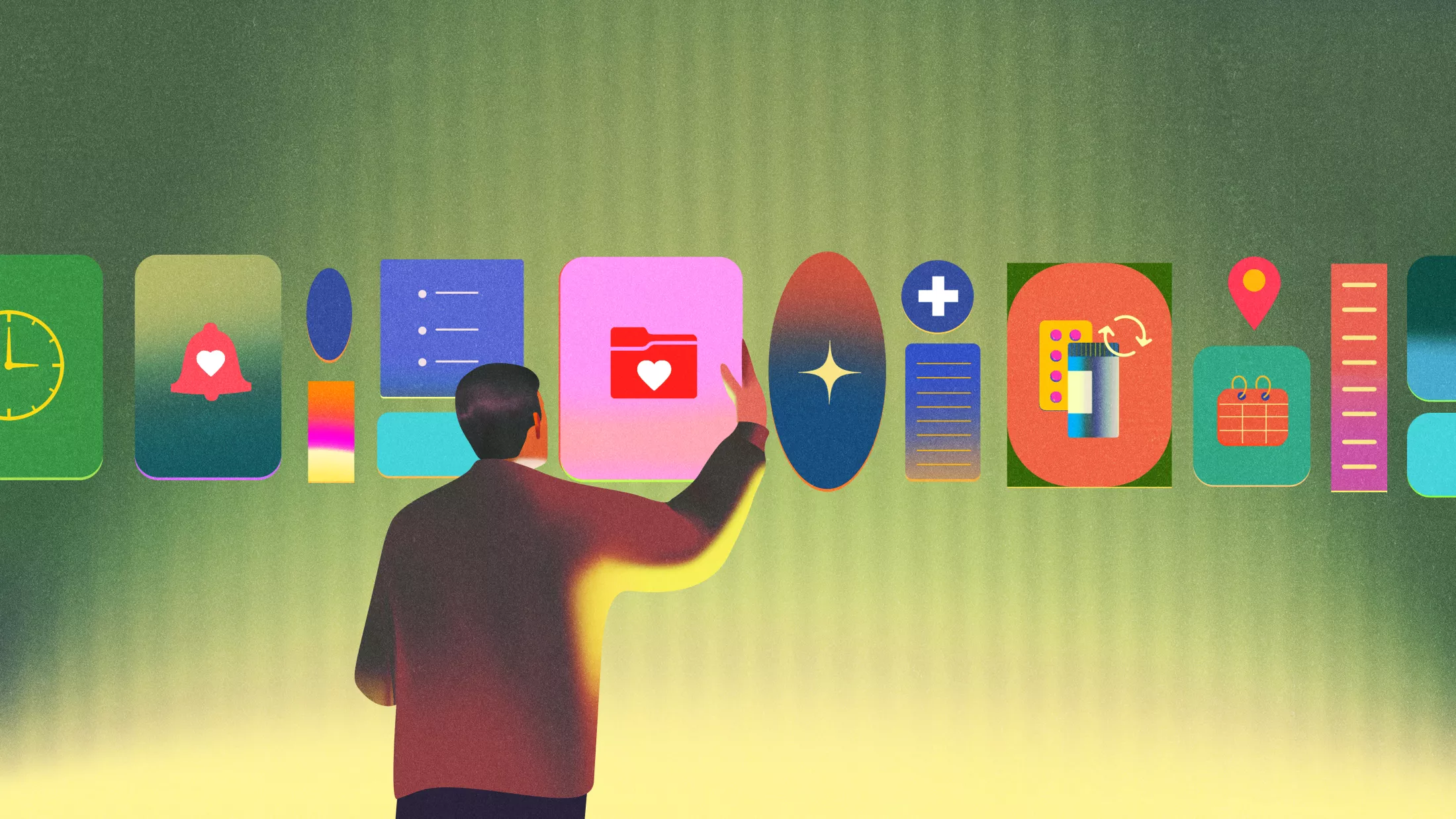 Artistic illustration of person standing and selecting MyChart among row of virtual, clinical icons 