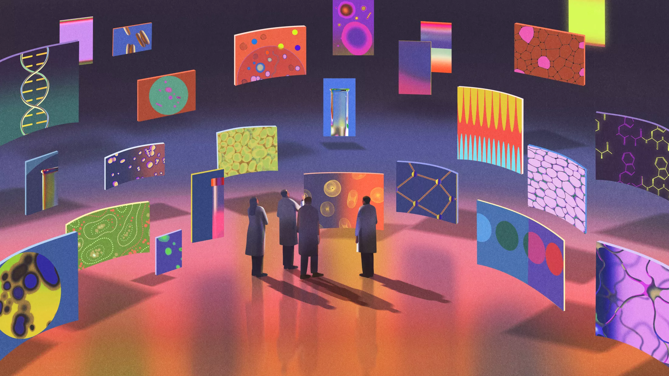 Abstract illustration of physicians observing floating, rounded panels with research and scientific imagery