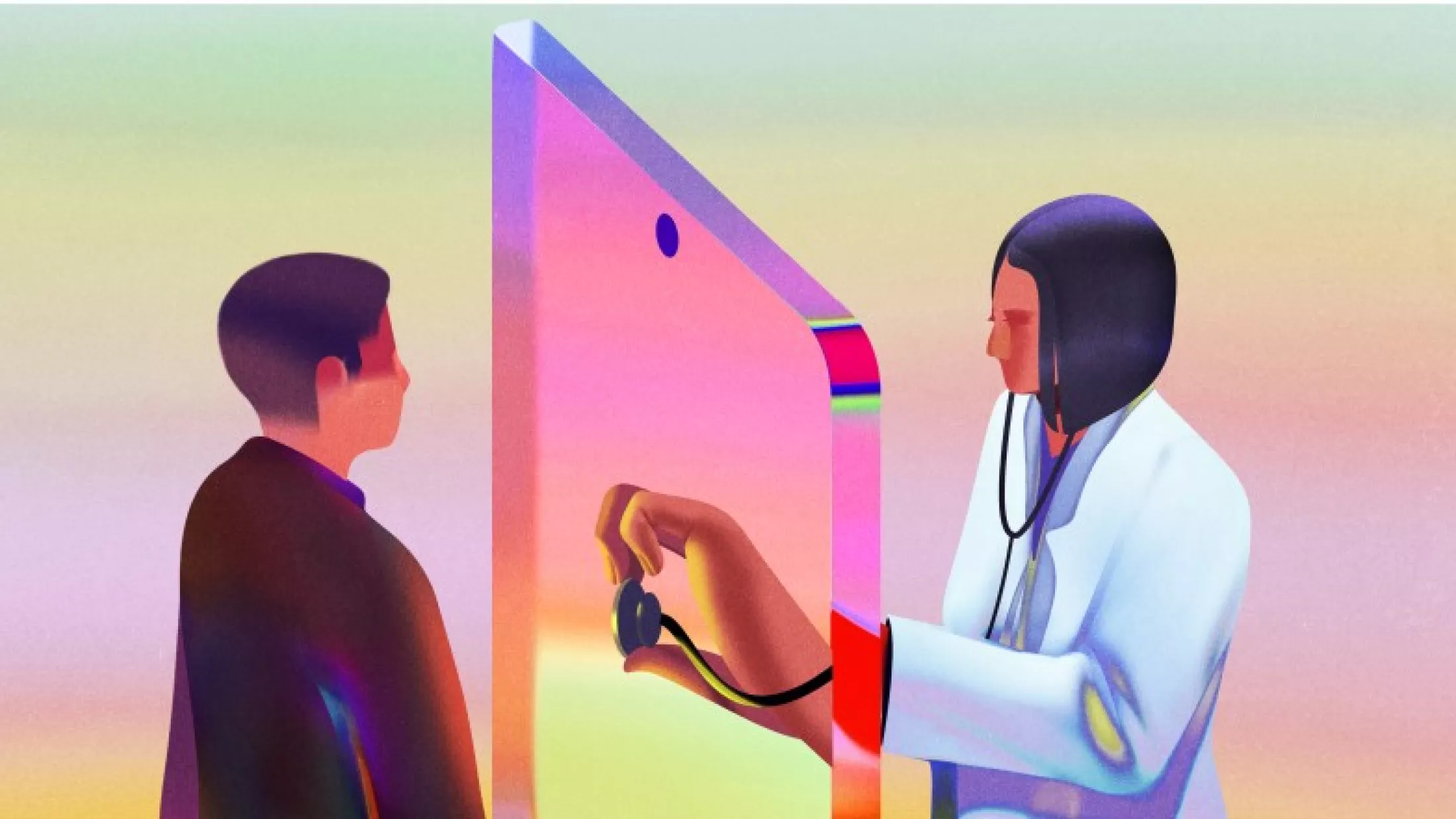 Artistic illustration of physician caring for patient through translucent glass wall resembling mobile