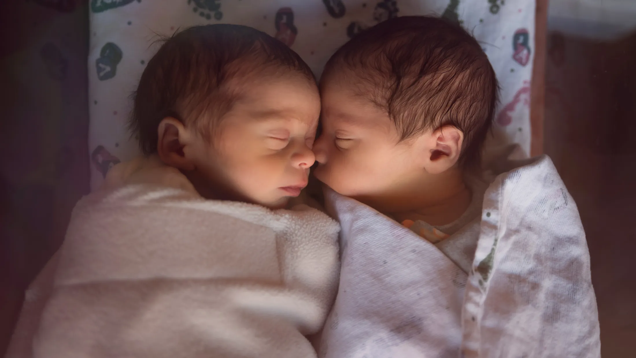 Two newborn twins wrapped in hospital blankets, lying close together in a crib.