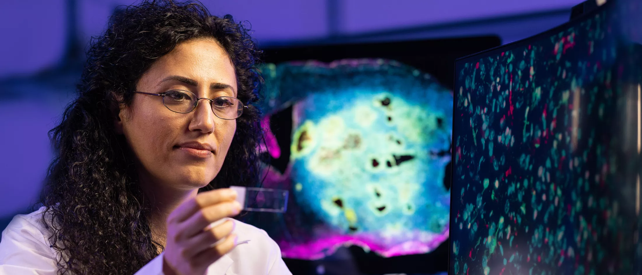 A researcher looking at a sample in a microscope slide