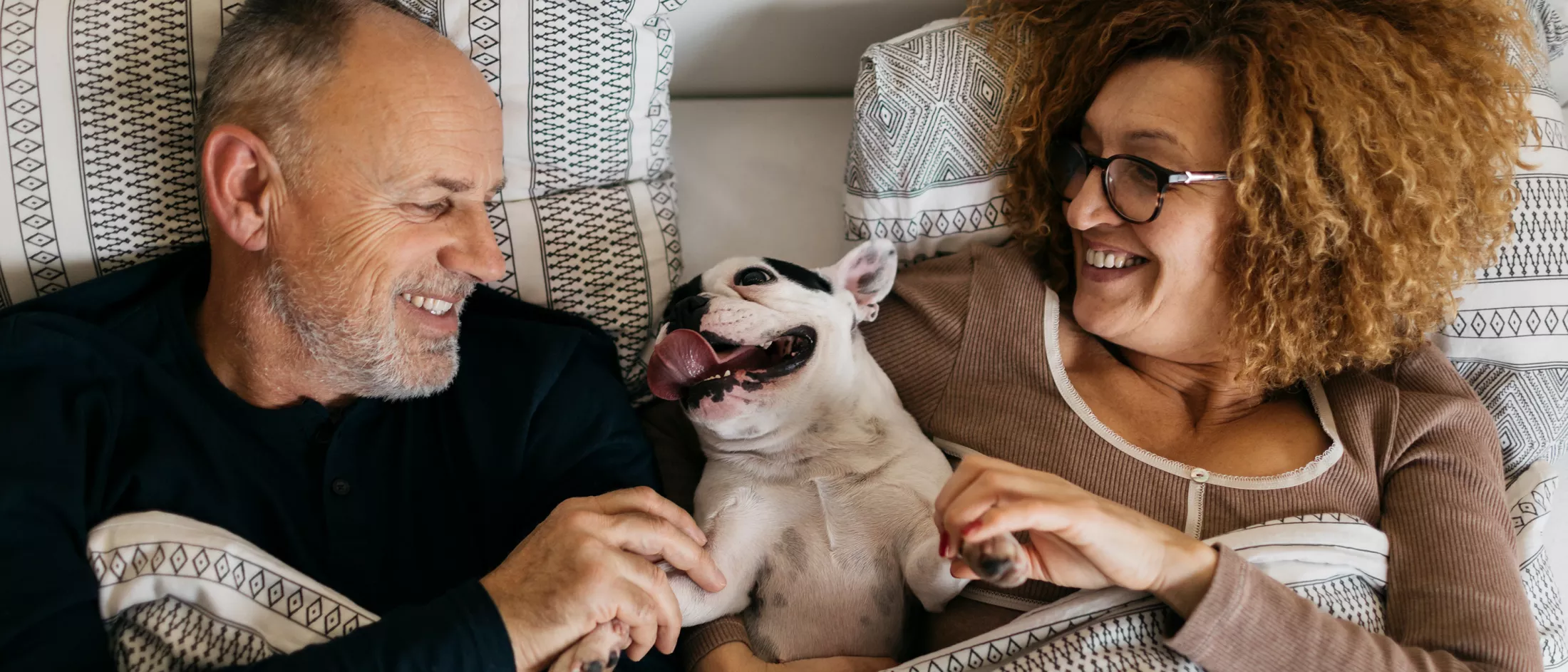A couple laying in bed with their french bulldog dog