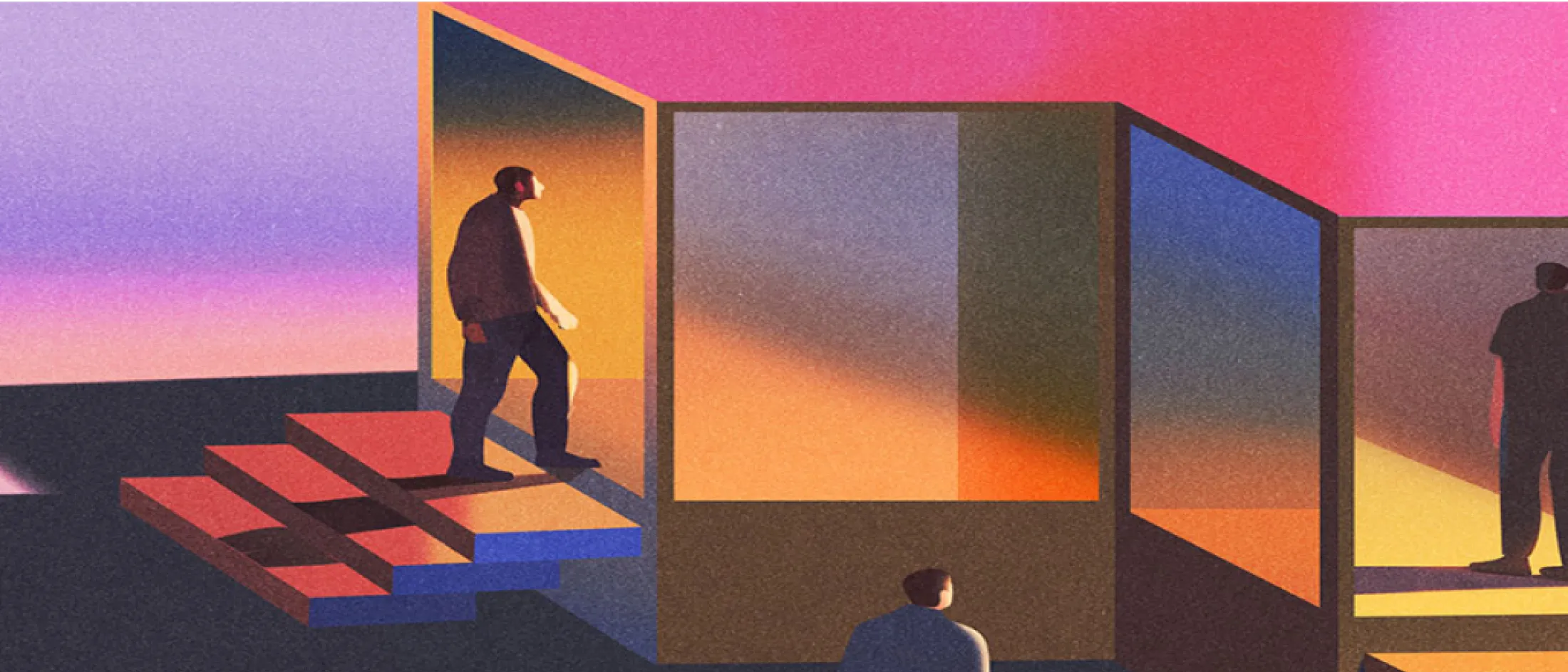 Illustration of a person entering a building