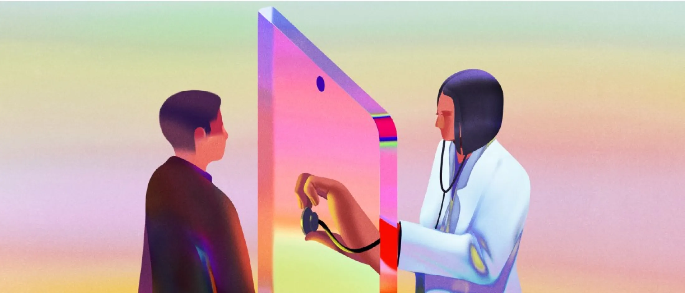 Artistic illustration of physician caring for patient through translucent glass wall resembling mobile