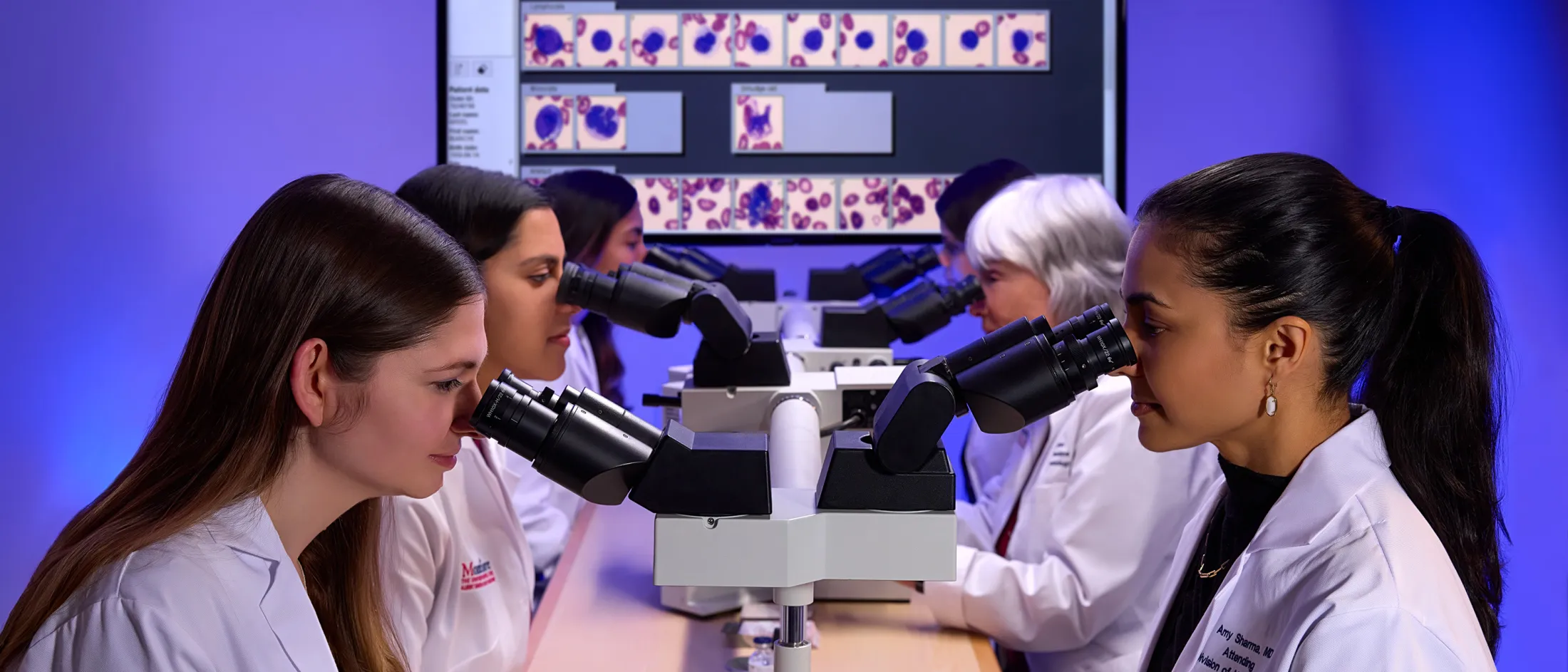 Group of medical professionals in lab coats examining slides through microscopes in a classroom setting, with blood cell images displayed on a screen.