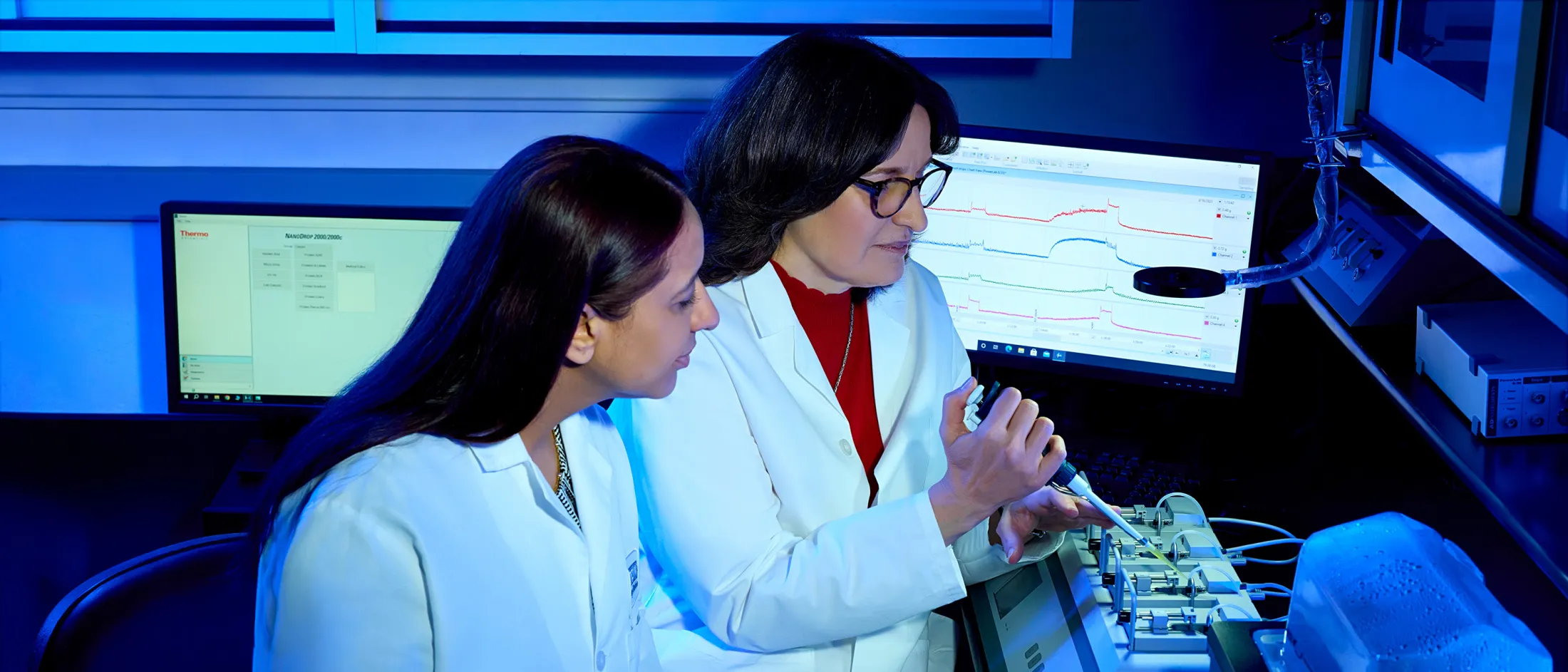 Two female scientists in lab coats working with lab instrumentation and data analysis software in a research lab.