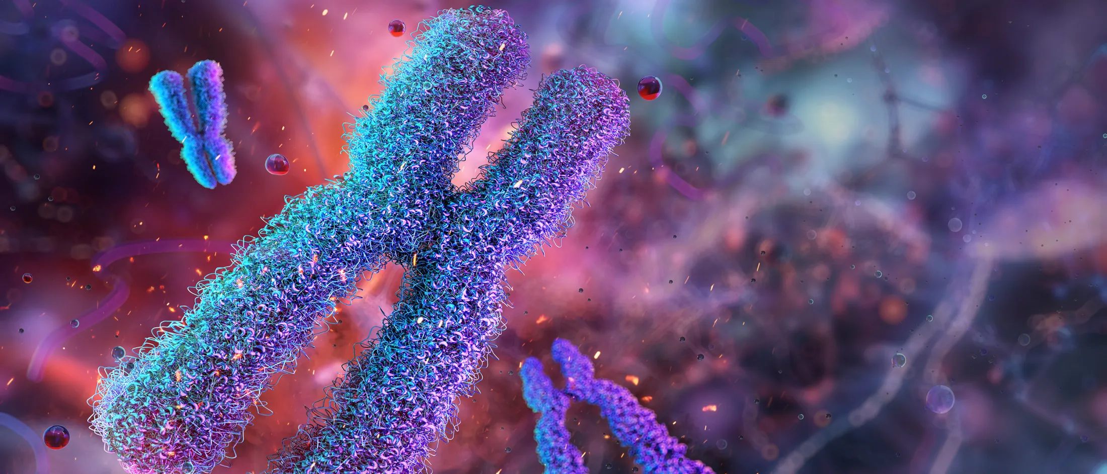 Artistic close-up rendering of a DNA double helix structure with blue and purple highlights.