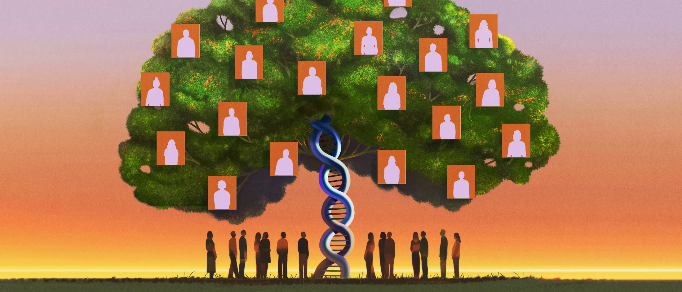 Illustration of a large tree with DNA strands as its trunk and framed silhouettes representing a family tree