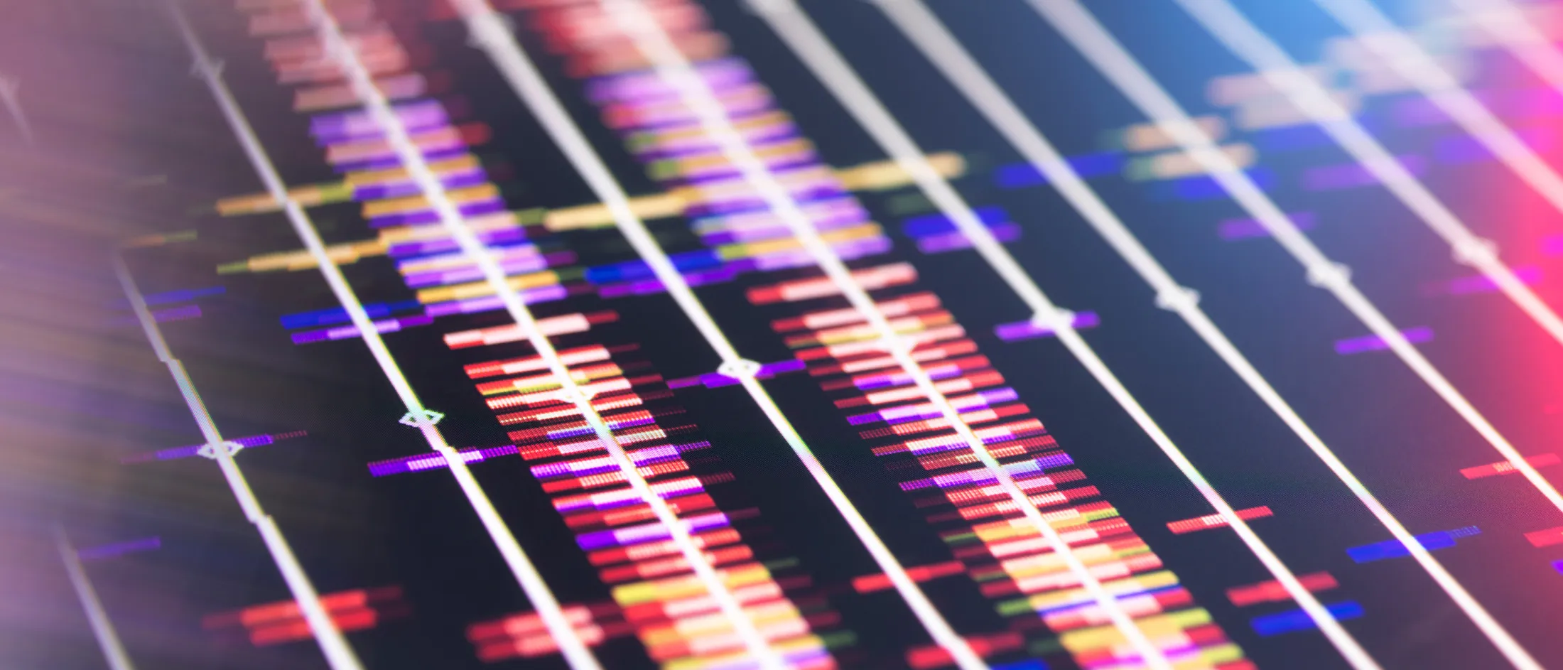 Abstract visualization of DNA sequencing data on a digital screen with colorful vertical bars.