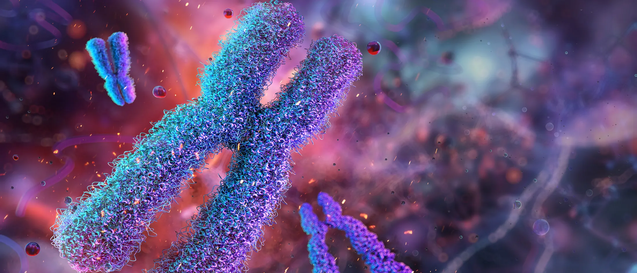 3D rendered illustration of chromosomes floating in a colorful cellular environment.