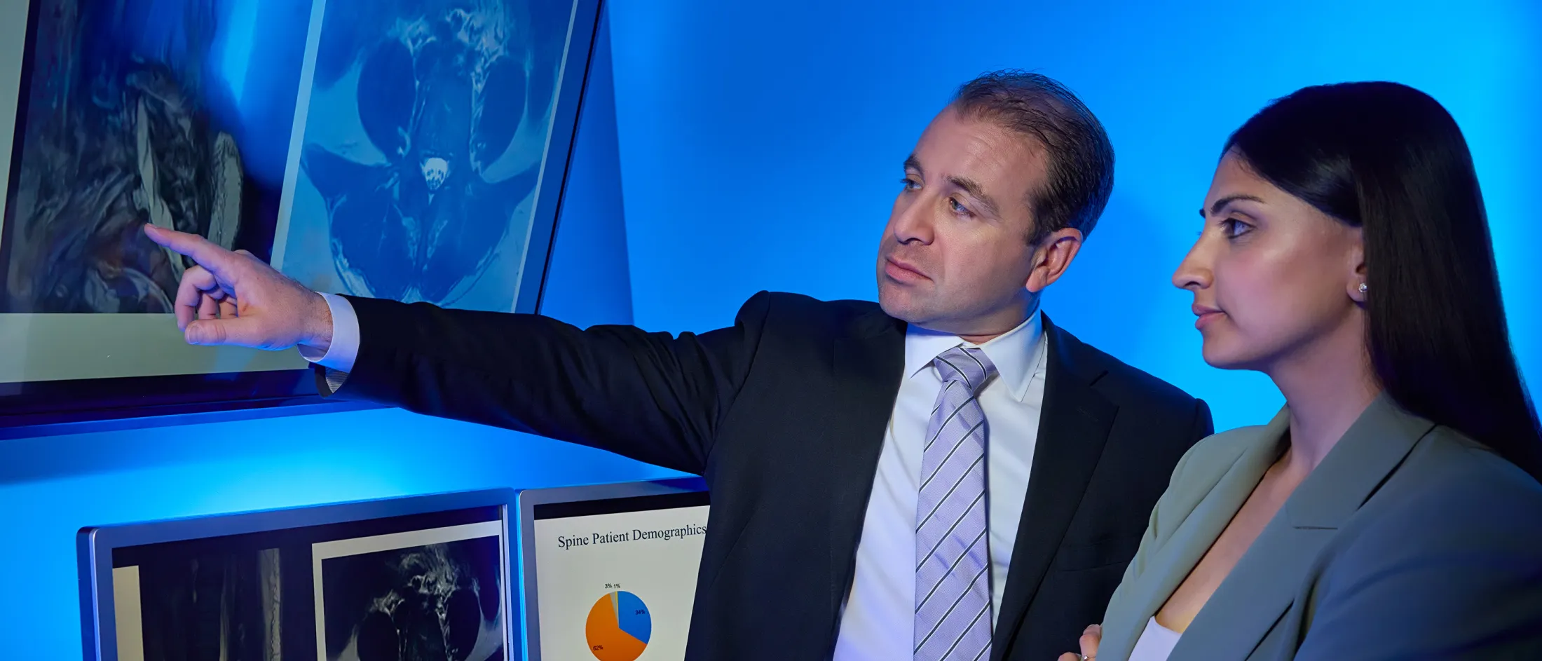 Medical researchers reviewing MRI scans and patient demographic charts.