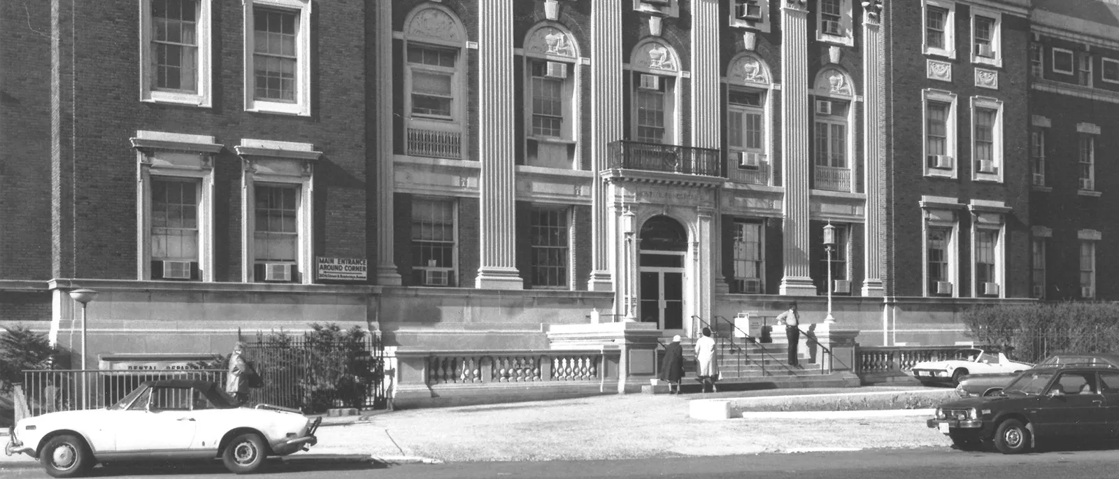 Black and white historic image of the front of Montefiore Hospital.
