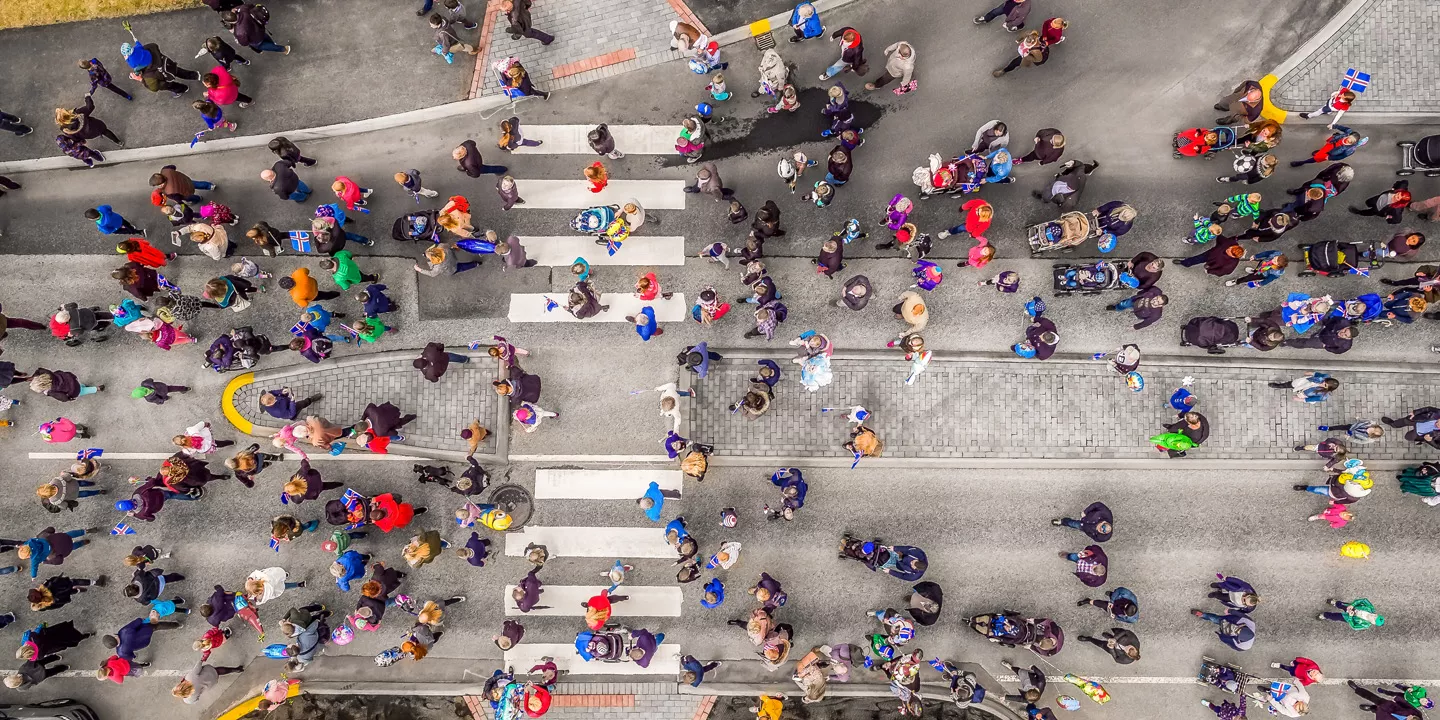 Aerial shot of a city intersection.