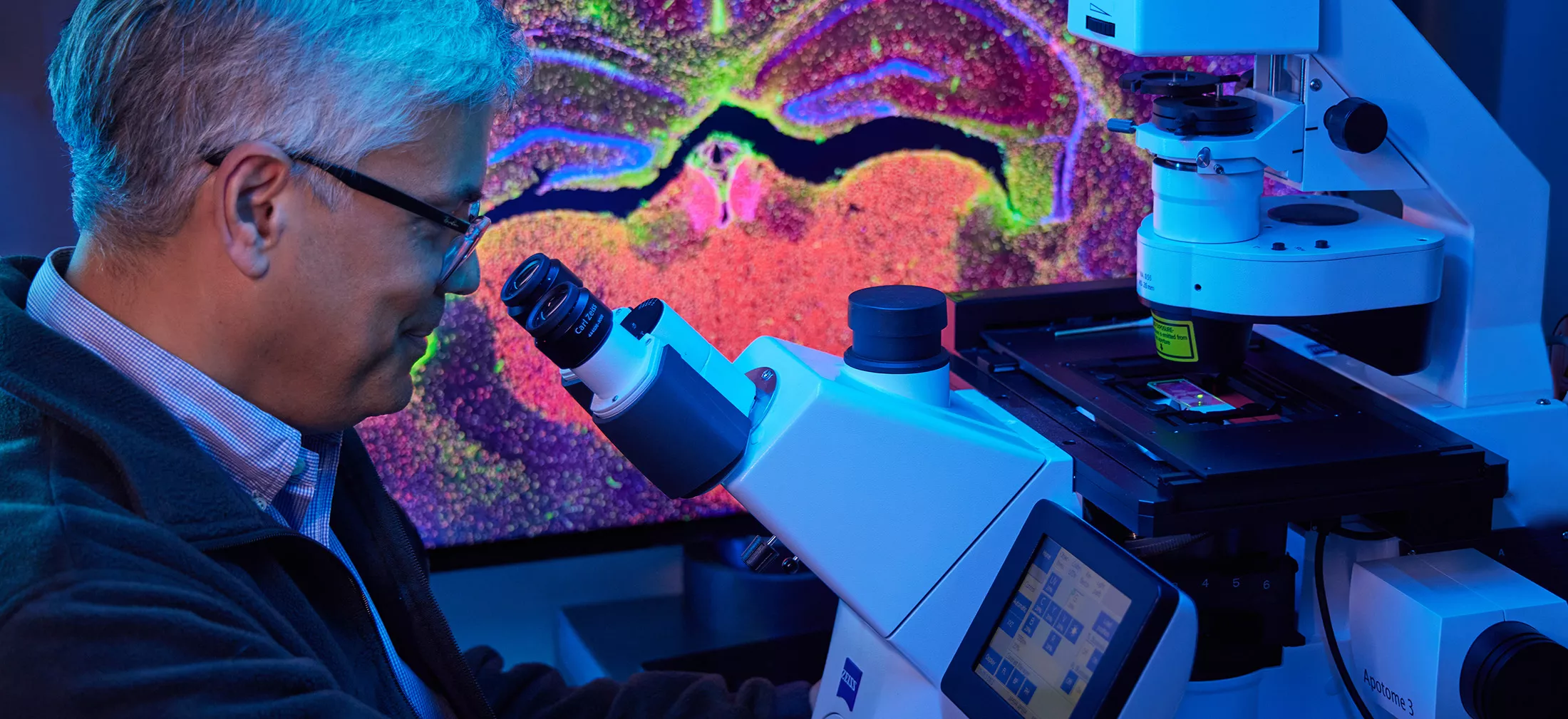 A physician looking into a microscope 