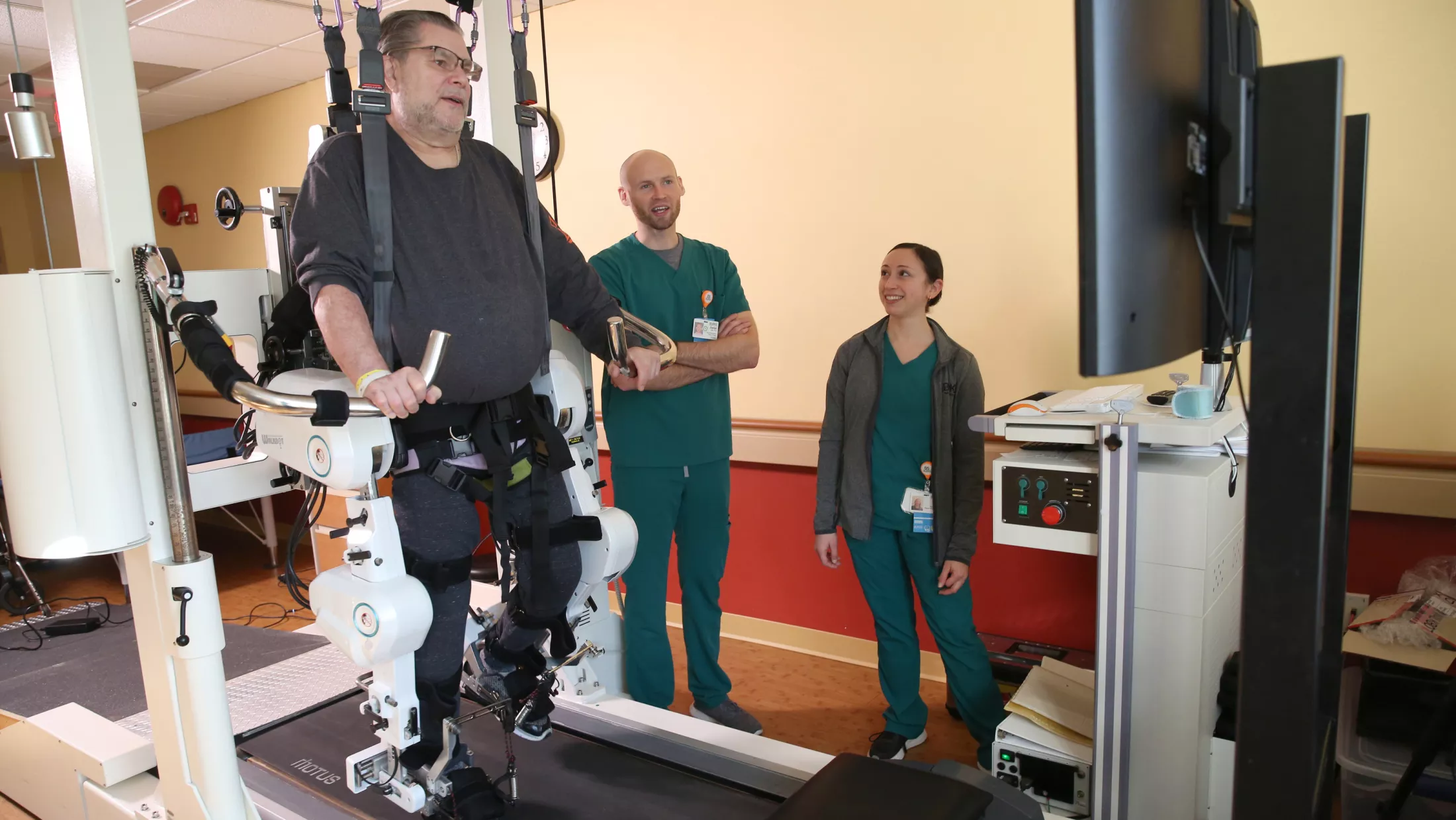 A patient undergoing physical therapy at a hospital