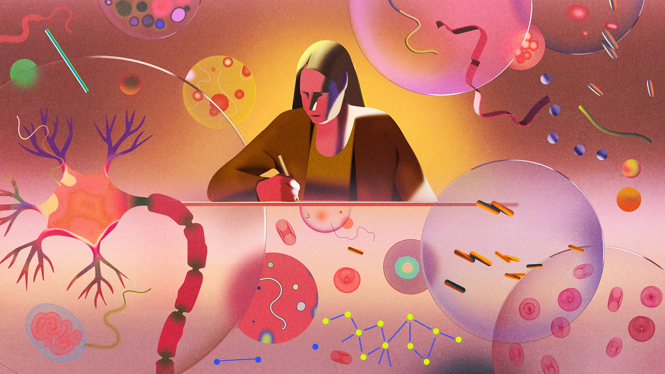 Illustration of a woman writing at a table