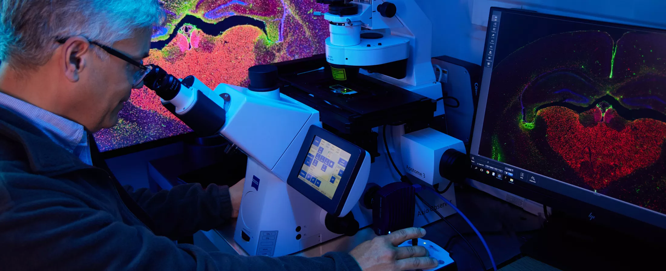 A physician looking into a microscope in a lab