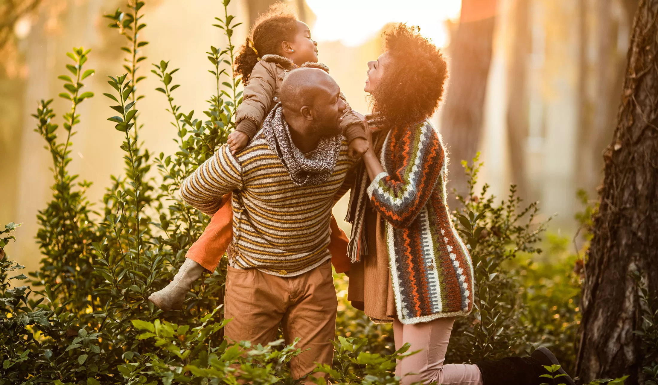 A family walking through the park at sunset