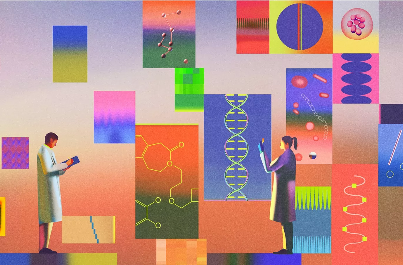 Illustration of physician and researcher standing among panels with scientific images