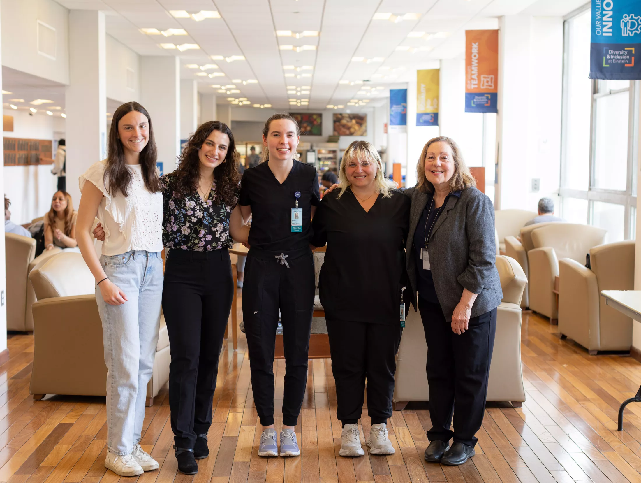 From left, Einstein medical students Emma Gordon, Hannah Rosenthal, Kerry Marlow, and Batsheva Lazaroff with Global Health Fellowship Director Jill Raufman, M.P.H., at the One Health poster session at Einstein in April. 