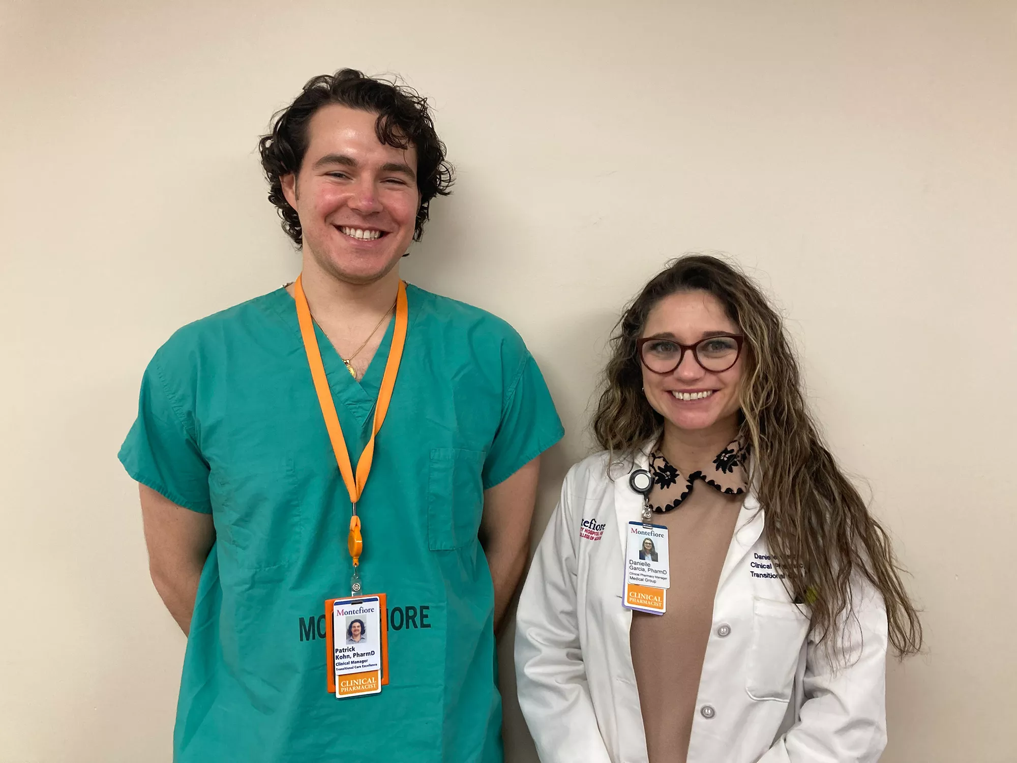 From left, TCE team members Patrick Kohn, PharmD, clinical pharmacy manager, cardiology and pulmonology, and Danielle Garcia, PharmD, clinical pharmacy manager, cardiology. 