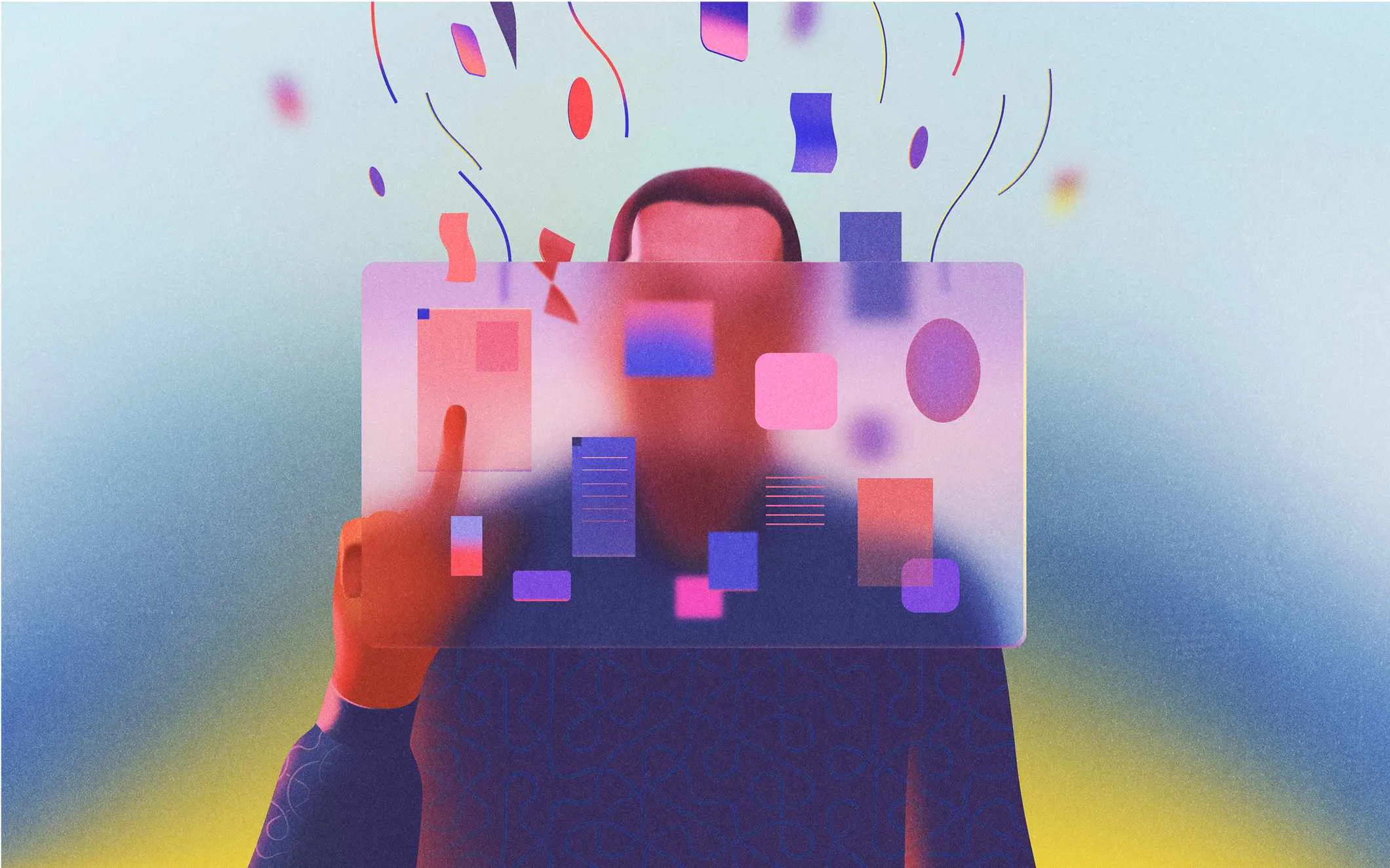 Ilustración de un hombre señalando una pantalla transparente