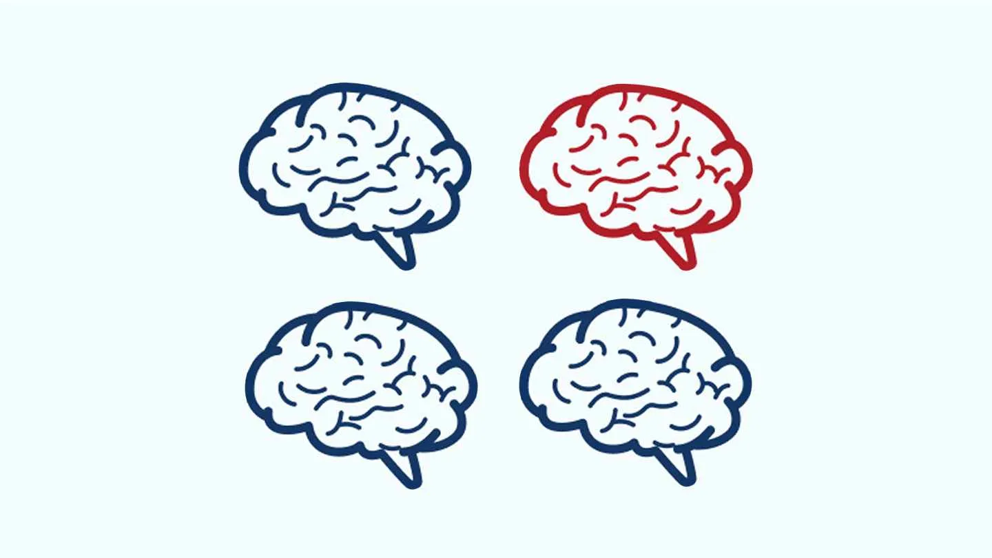 Illustration of four brains, three blue and one red