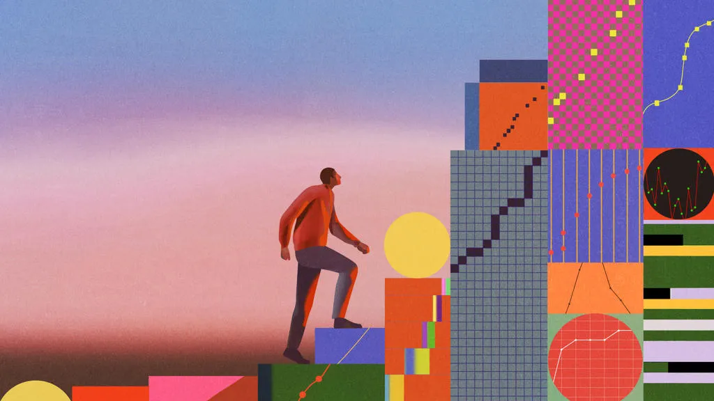 An abstract illustration of a man walking up steps comprised of graphs.